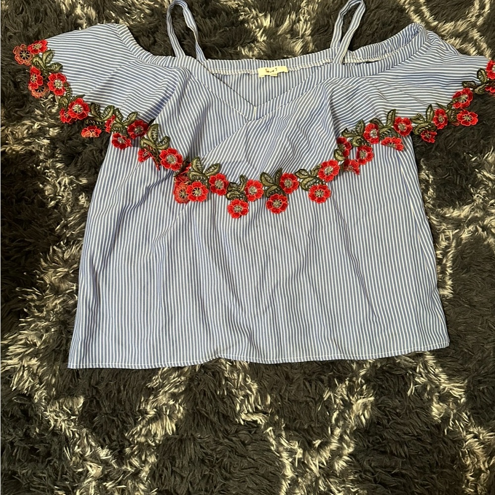 Love J Blue Striped Off-Shoulder Top with Red Floral Embroidery